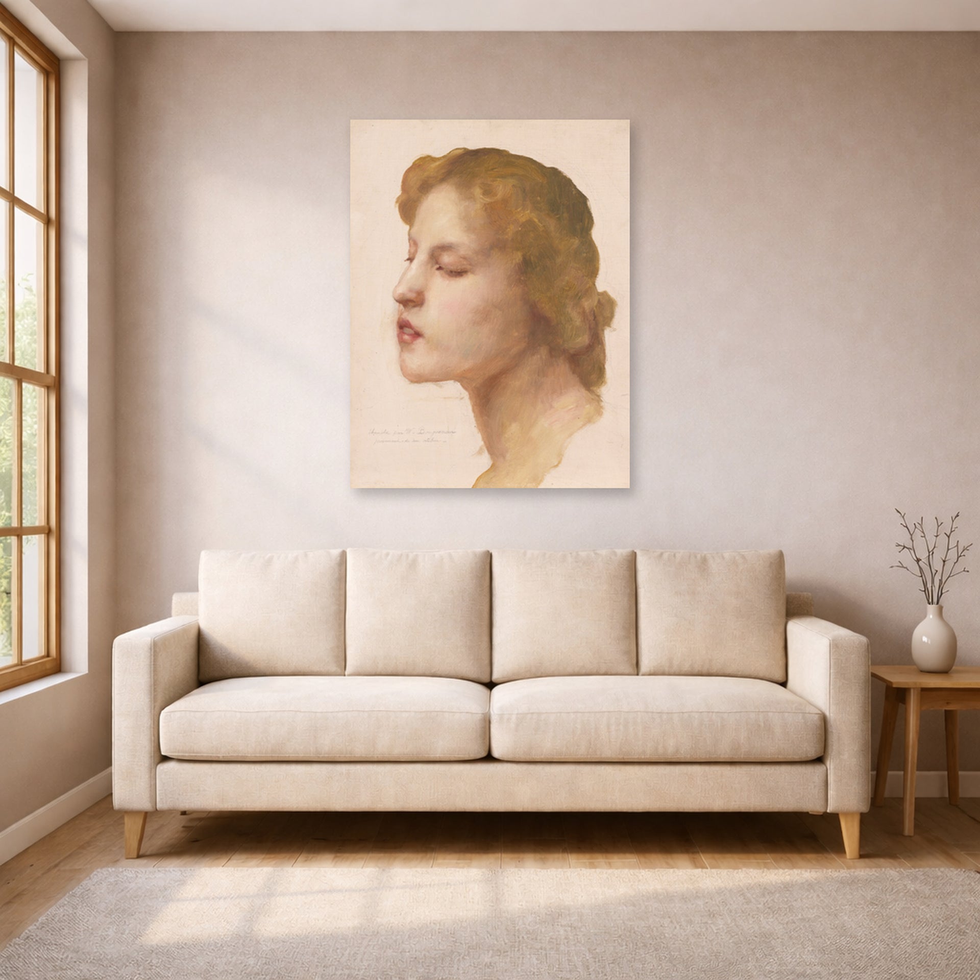 Unframed poster print of William-Adolphe Bouguereau's Study of a Woman's Head displayed on a wall in a living room