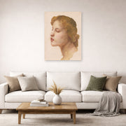 Unframed poster print of William-Adolphe Bouguereau's Study of a Woman's Head displayed on a wall in a second living room setting