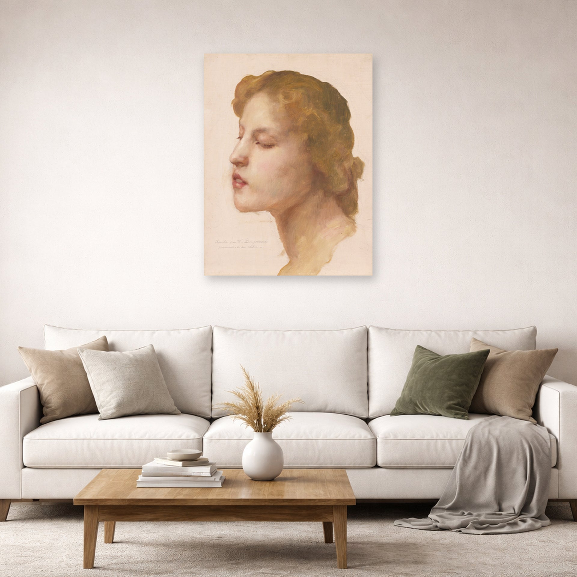 Unframed poster print of William-Adolphe Bouguereau's Study of a Woman's Head displayed on a wall in a second living room setting