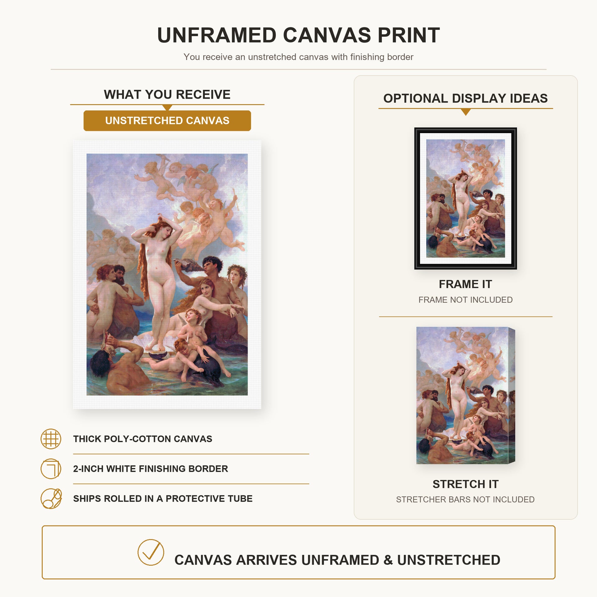 William-Adolphe Bouguereau - The Birth of Venus canvas print size comparison and framing display infographic