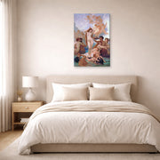 Gallery-wrapped canvas print of William-Adolphe Bouguereau's The Birth of Venus displayed on a wall in a bedroom