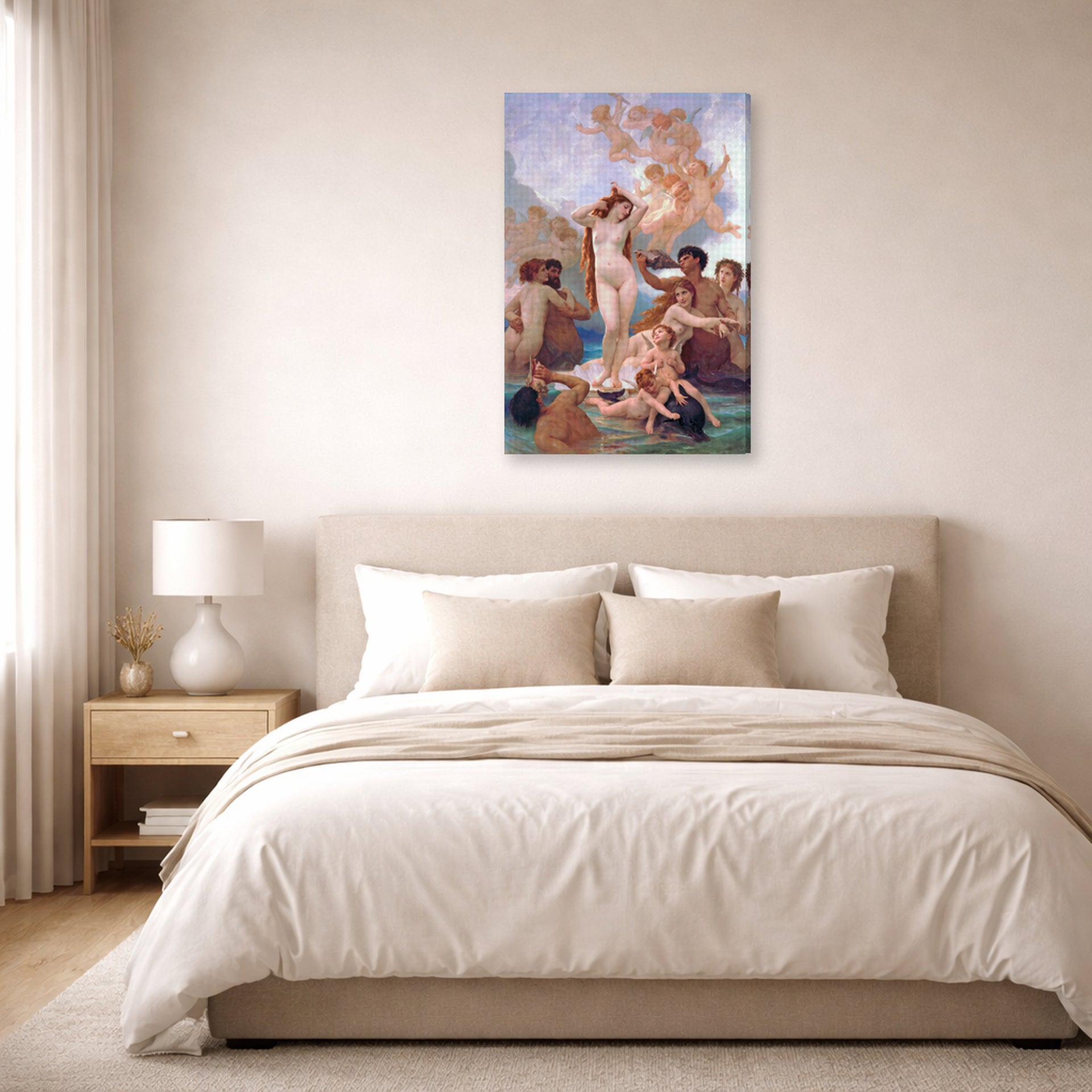 Gallery-wrapped canvas print of William-Adolphe Bouguereau's The Birth of Venus displayed on a wall in a bedroom