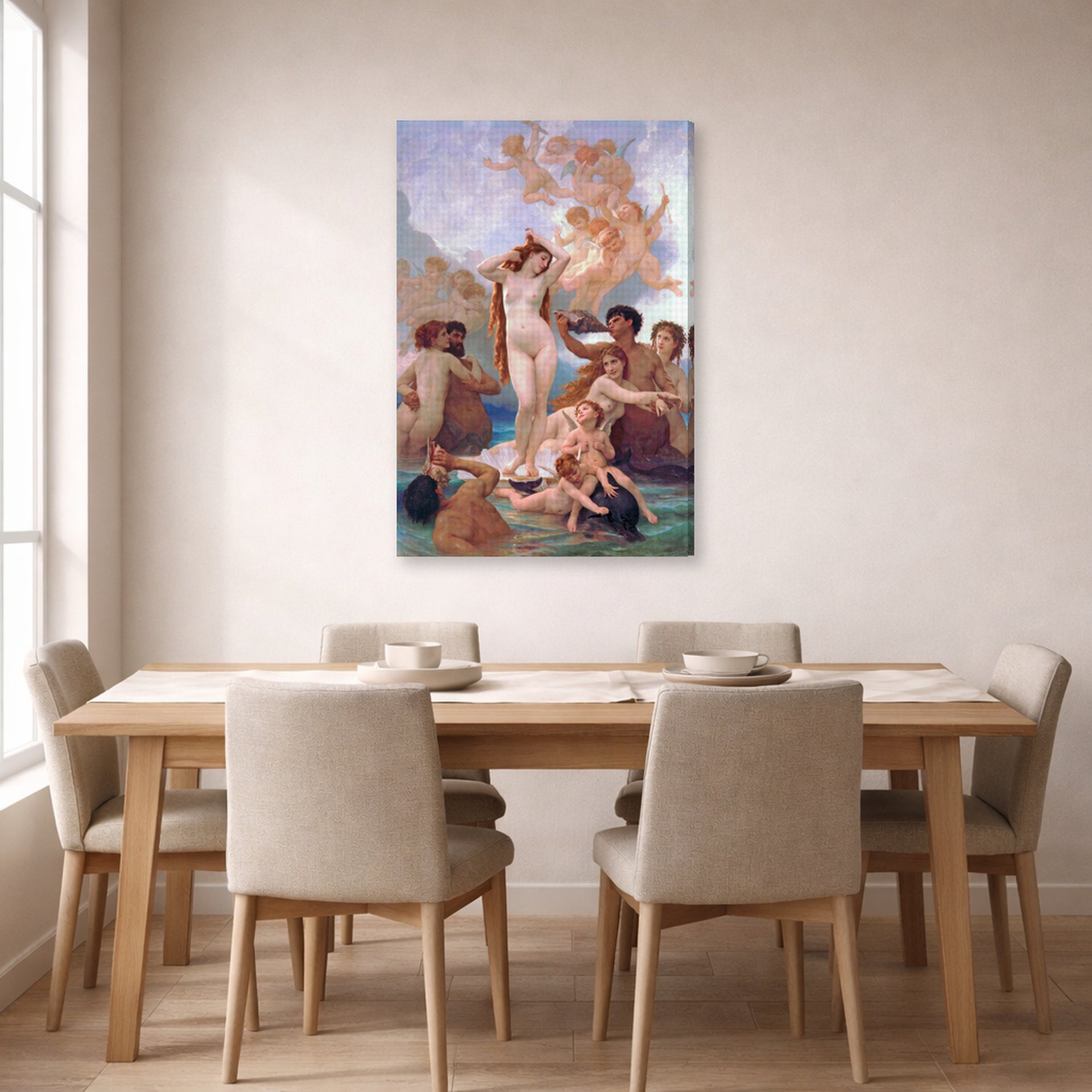 Gallery-wrapped canvas print of William-Adolphe Bouguereau's The Birth of Venus displayed on a wall in a dining room