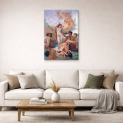 Gallery-wrapped canvas print of William-Adolphe Bouguereau's The Birth of Venus displayed on a wall in a second living room setting