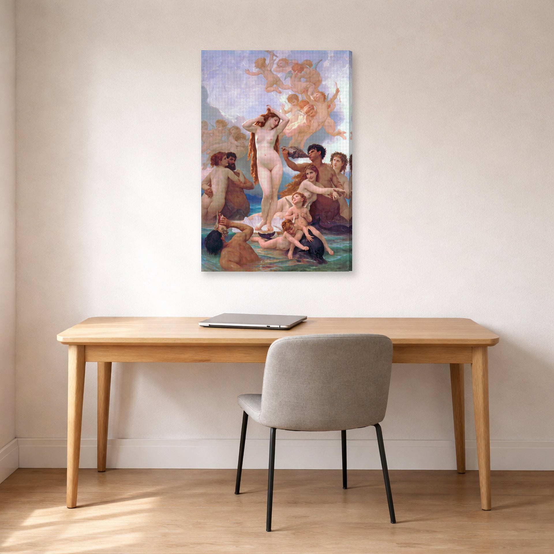 Gallery-wrapped canvas print of William-Adolphe Bouguereau's The Birth of Venus displayed on a wall in a office