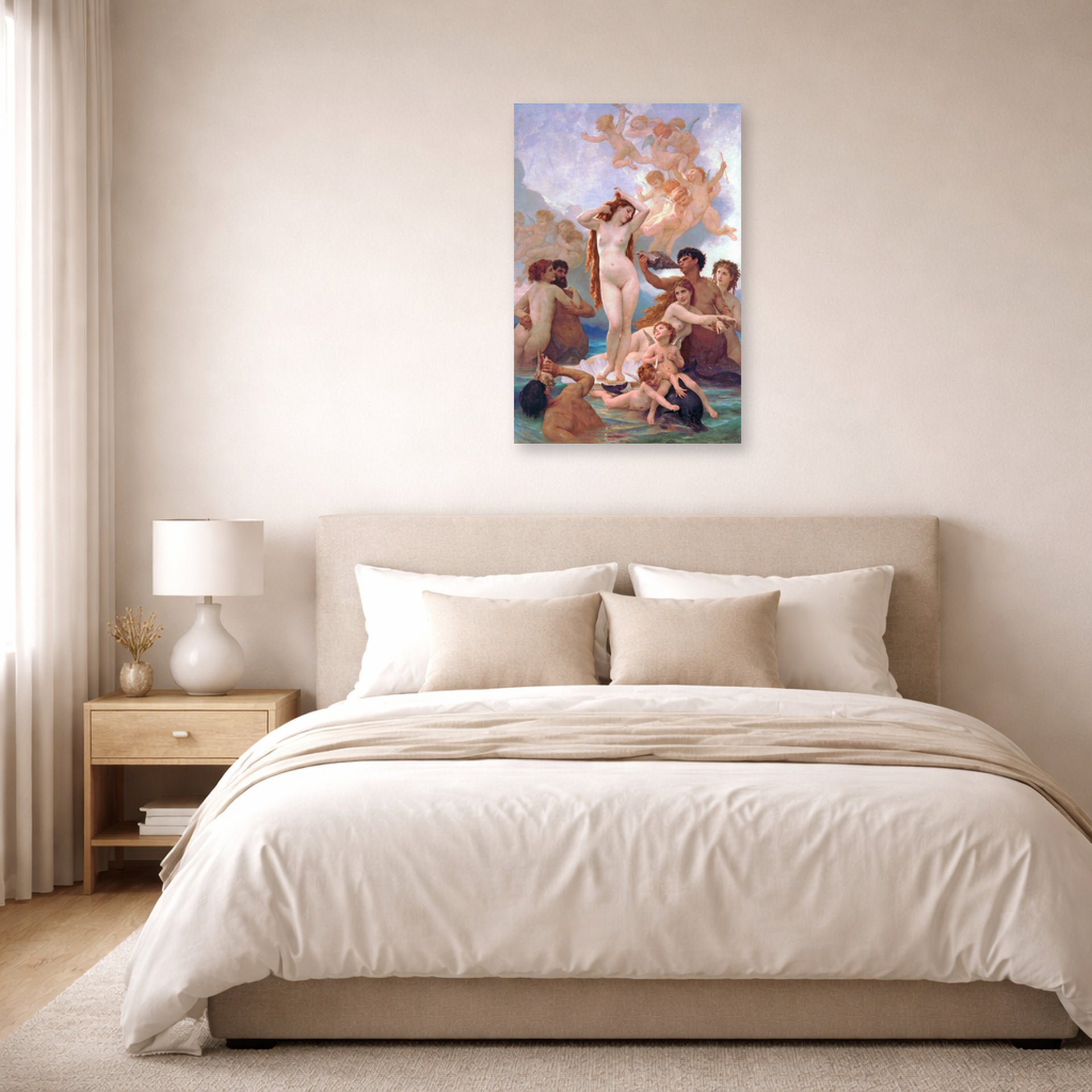 Unframed poster print of William-Adolphe Bouguereau's The Birth of Venus displayed on a wall in a bedroom