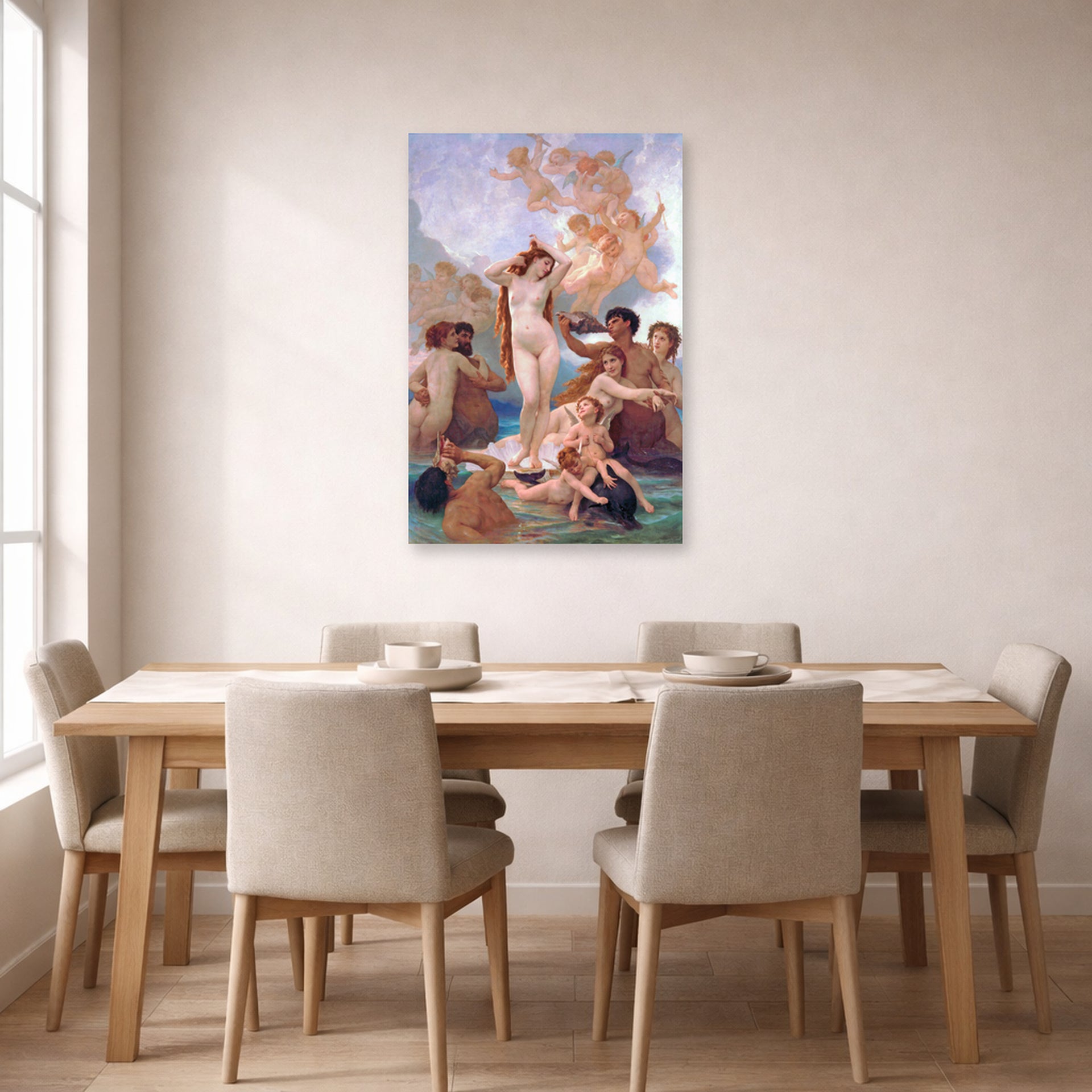 Unframed poster print of William-Adolphe Bouguereau's The Birth of Venus displayed on a wall in a dining room