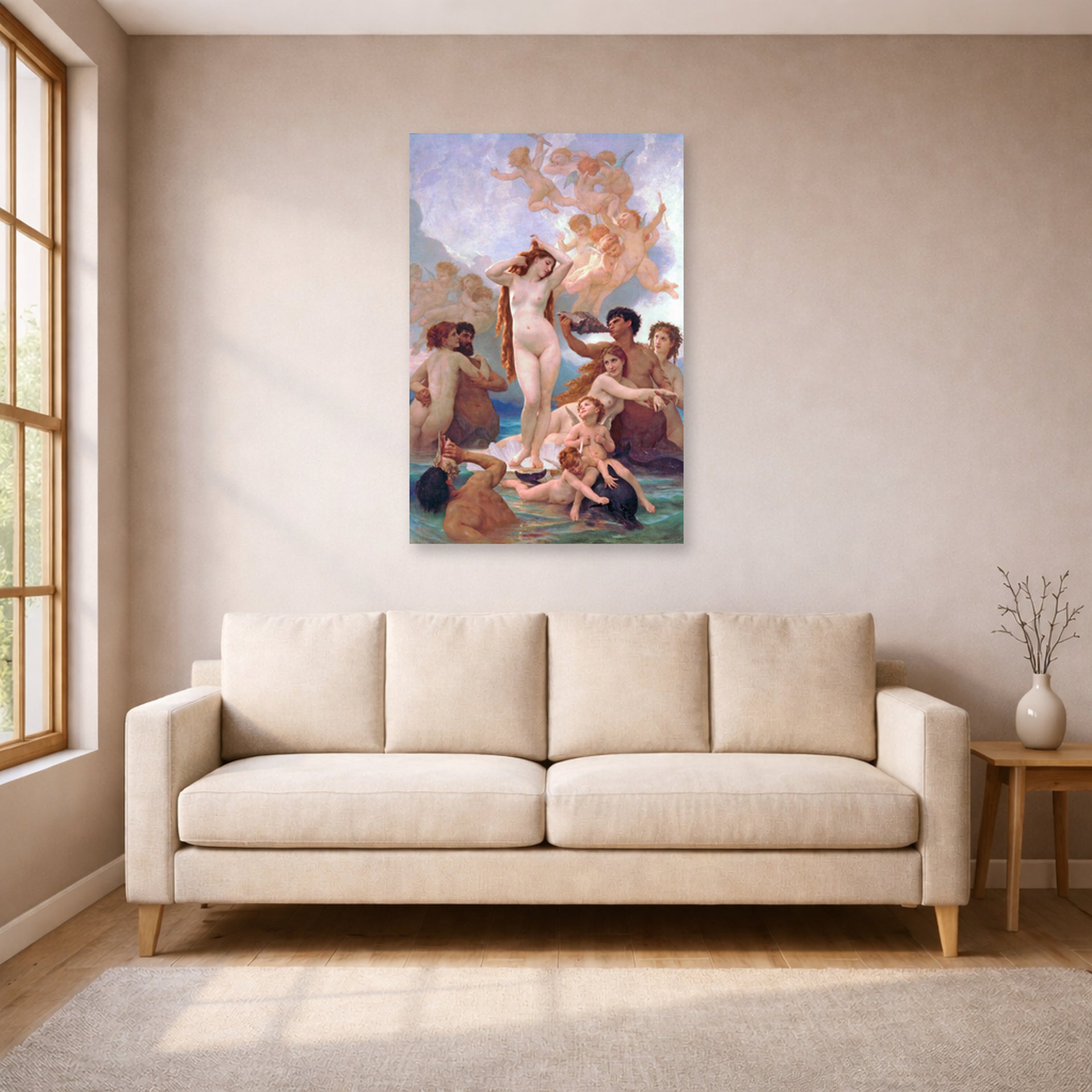 Unframed poster print of William-Adolphe Bouguereau's The Birth of Venus displayed on a wall in a living room