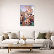 Unframed poster print of William-Adolphe Bouguereau's The Birth of Venus displayed on a wall in a second living room setting