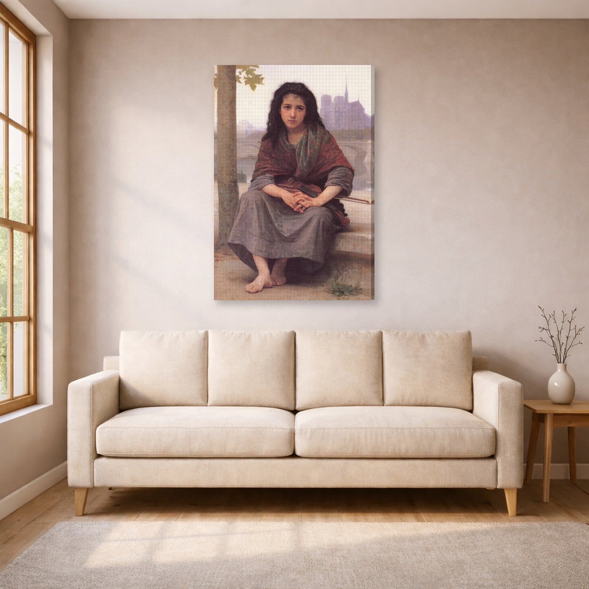 Gallery-wrapped canvas print of William-Adolphe Bouguereau's The Bohemian displayed on a wall in a living room