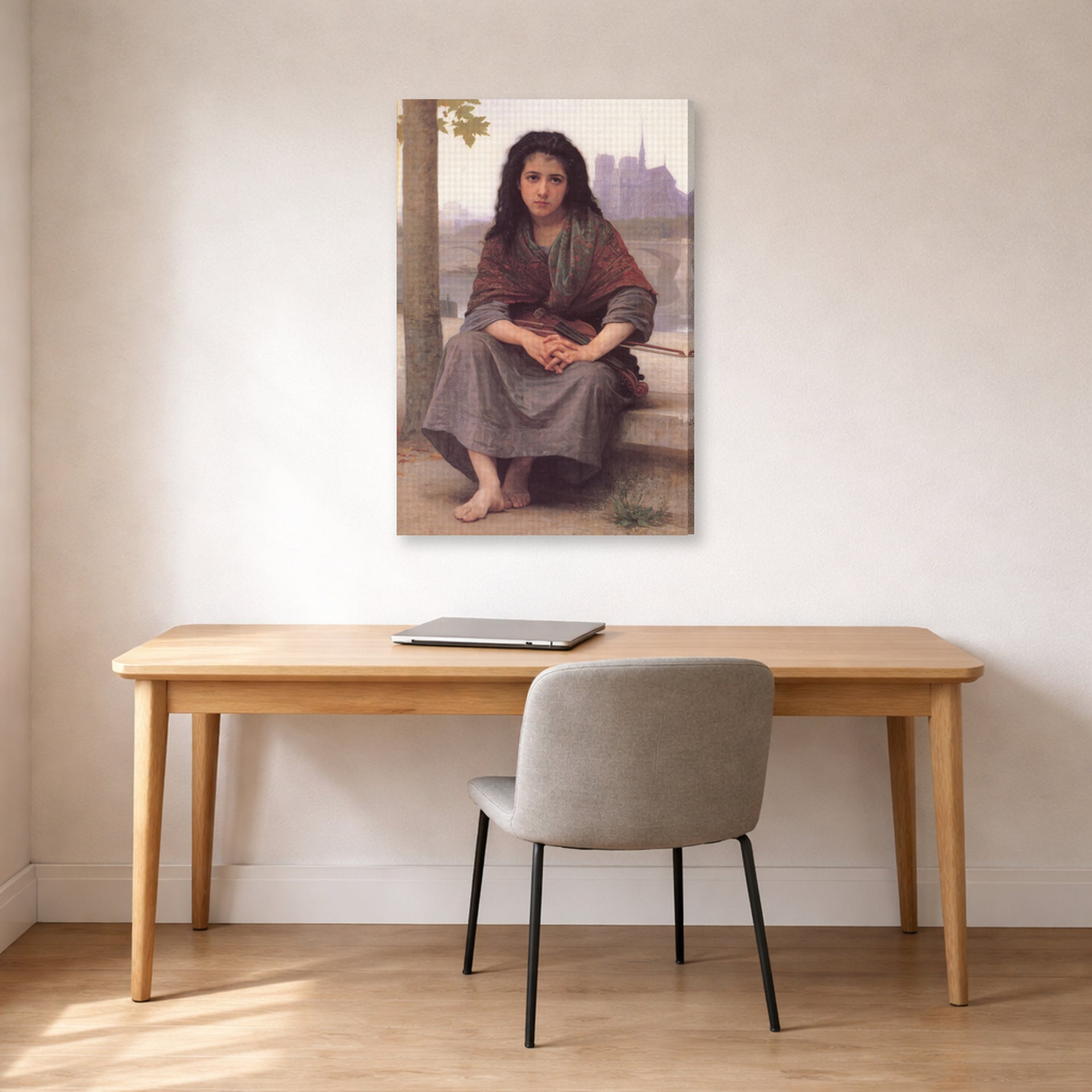 Gallery-wrapped canvas print of William-Adolphe Bouguereau's The Bohemian displayed on a wall in a office