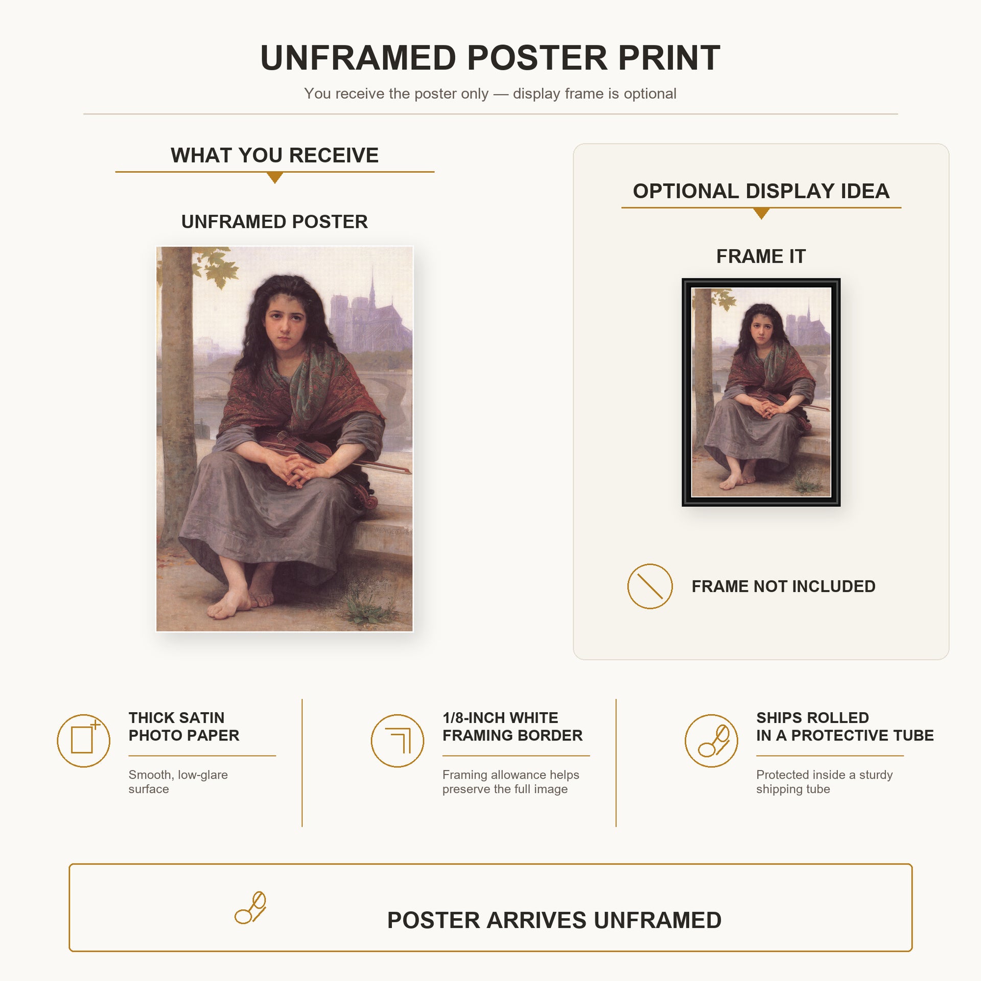 William-Adolphe Bouguereau - The Bohemian poster print size comparison and framing display infographic