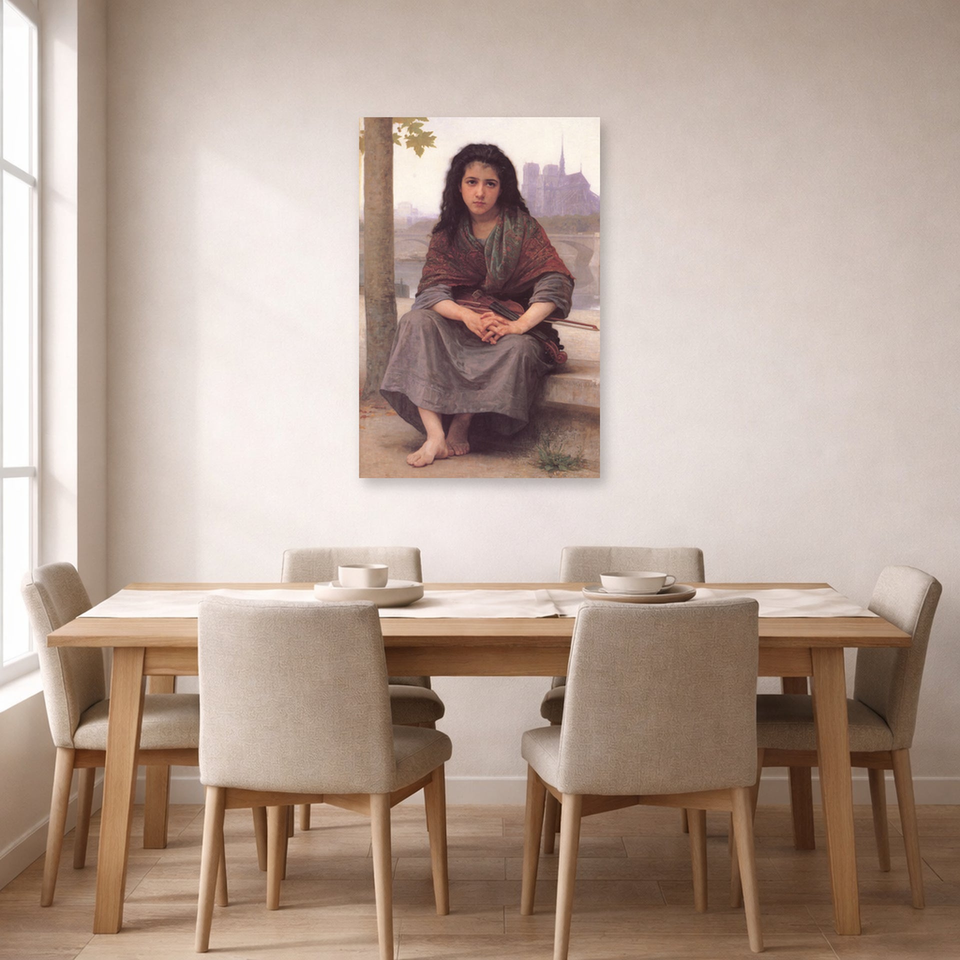 Unframed poster print of William-Adolphe Bouguereau's The Bohemian displayed on a wall in a dining room
