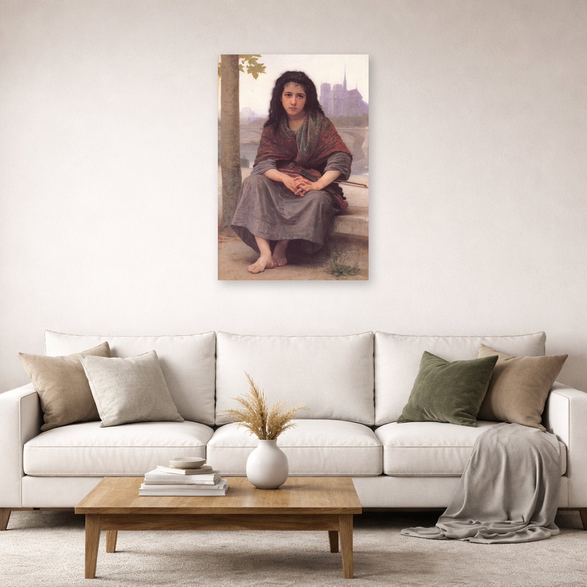 Unframed poster print of William-Adolphe Bouguereau's The Bohemian displayed on a wall in a second living room setting