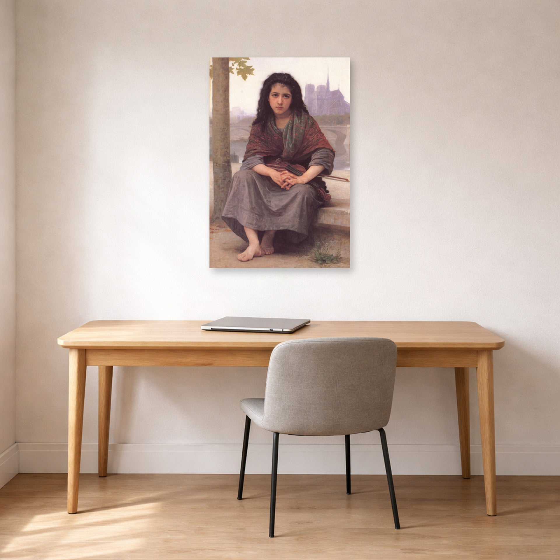 Unframed poster print of William-Adolphe Bouguereau's The Bohemian displayed on a wall in a office