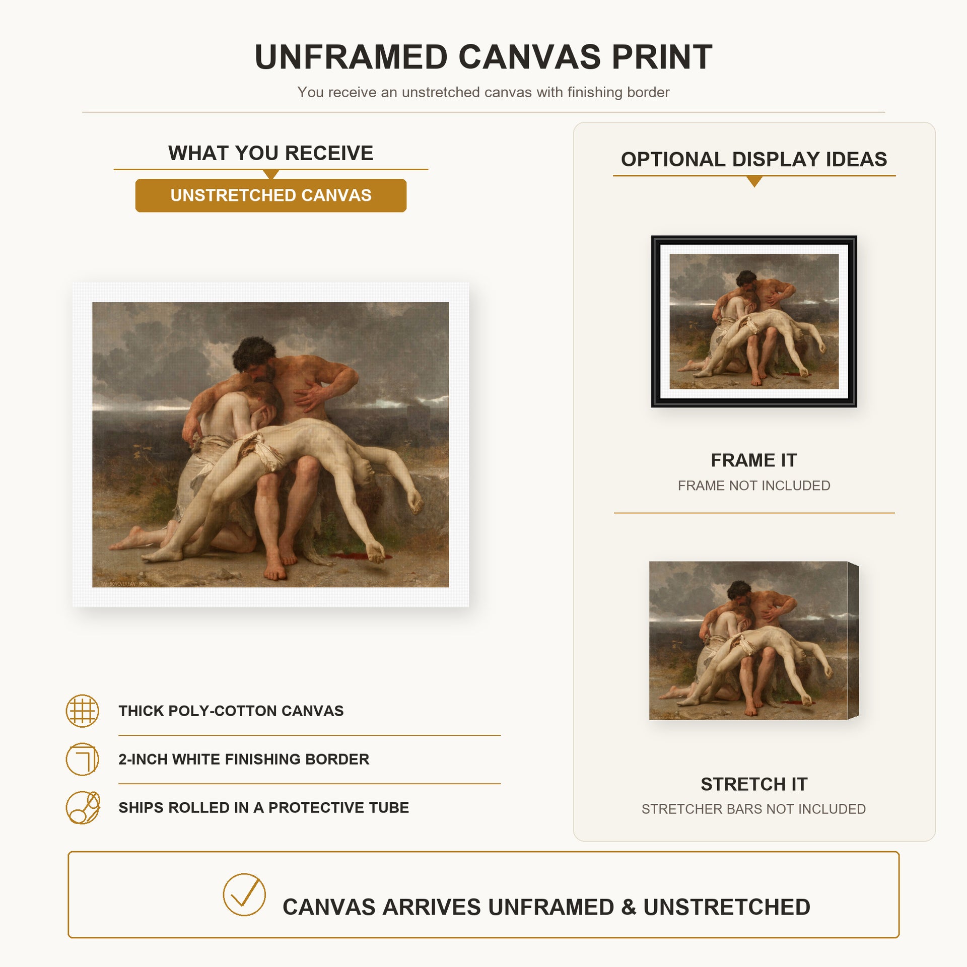 William-Adolphe Bouguereau - The First Mourning canvas print size comparison and framing display infographic