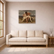 Gallery-wrapped canvas print of William-Adolphe Bouguereau's The First Mourning displayed on a wall in a living room