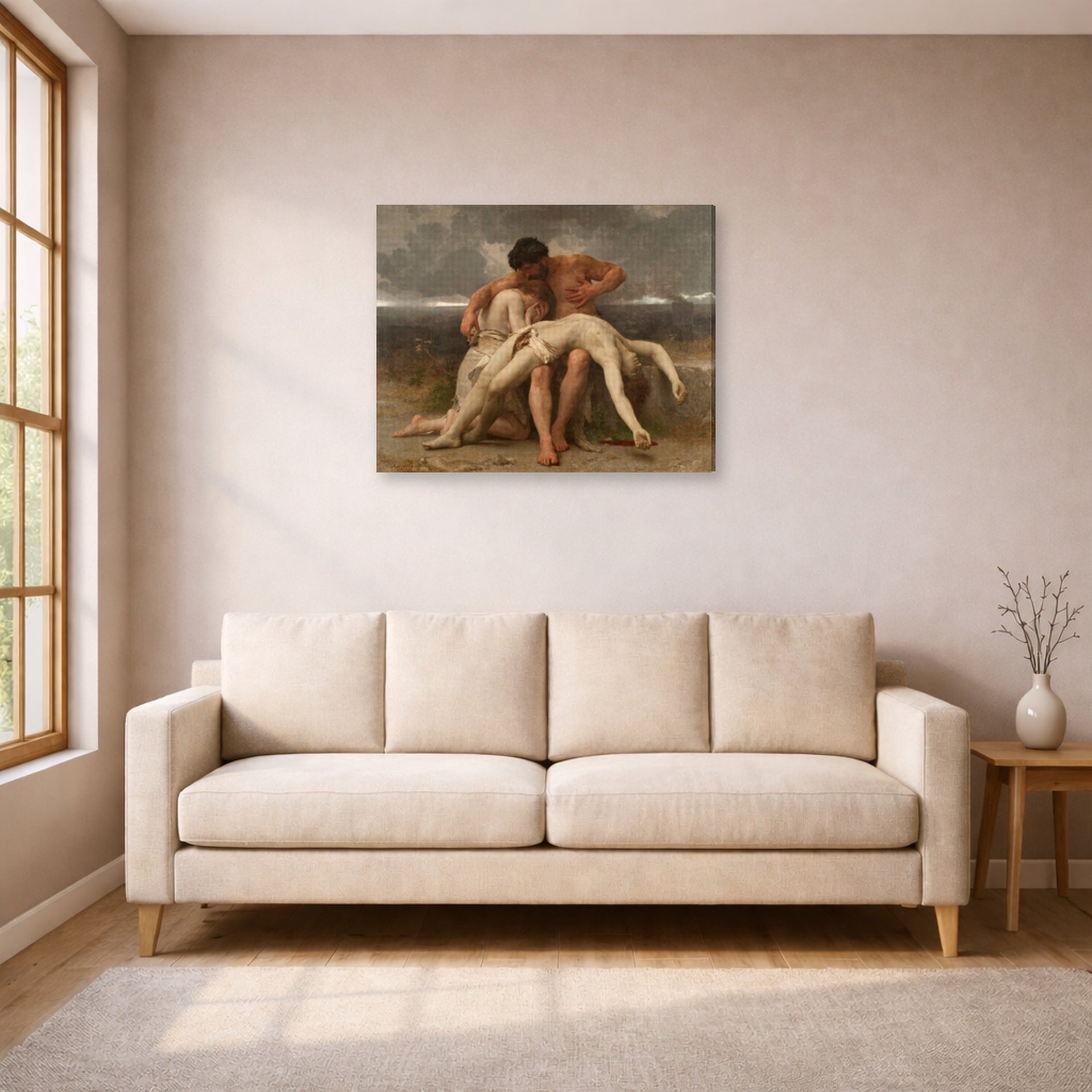 Gallery-wrapped canvas print of William-Adolphe Bouguereau's The First Mourning displayed on a wall in a living room
