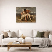 Gallery-wrapped canvas print of William-Adolphe Bouguereau's The First Mourning displayed on a wall in a second living room setting