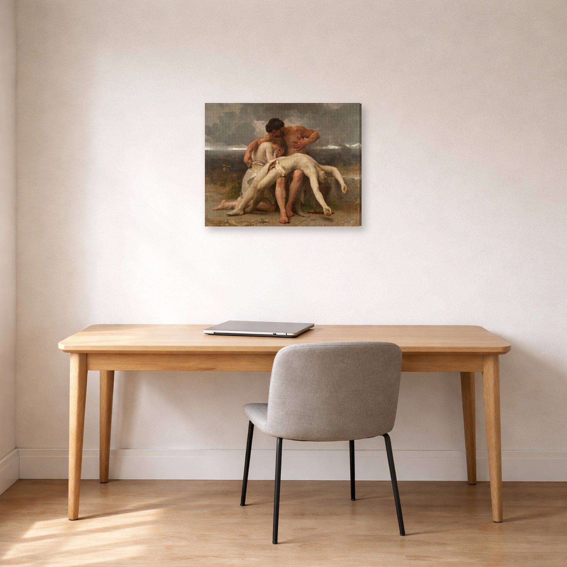 Gallery-wrapped canvas print of William-Adolphe Bouguereau's The First Mourning displayed on a wall in a office