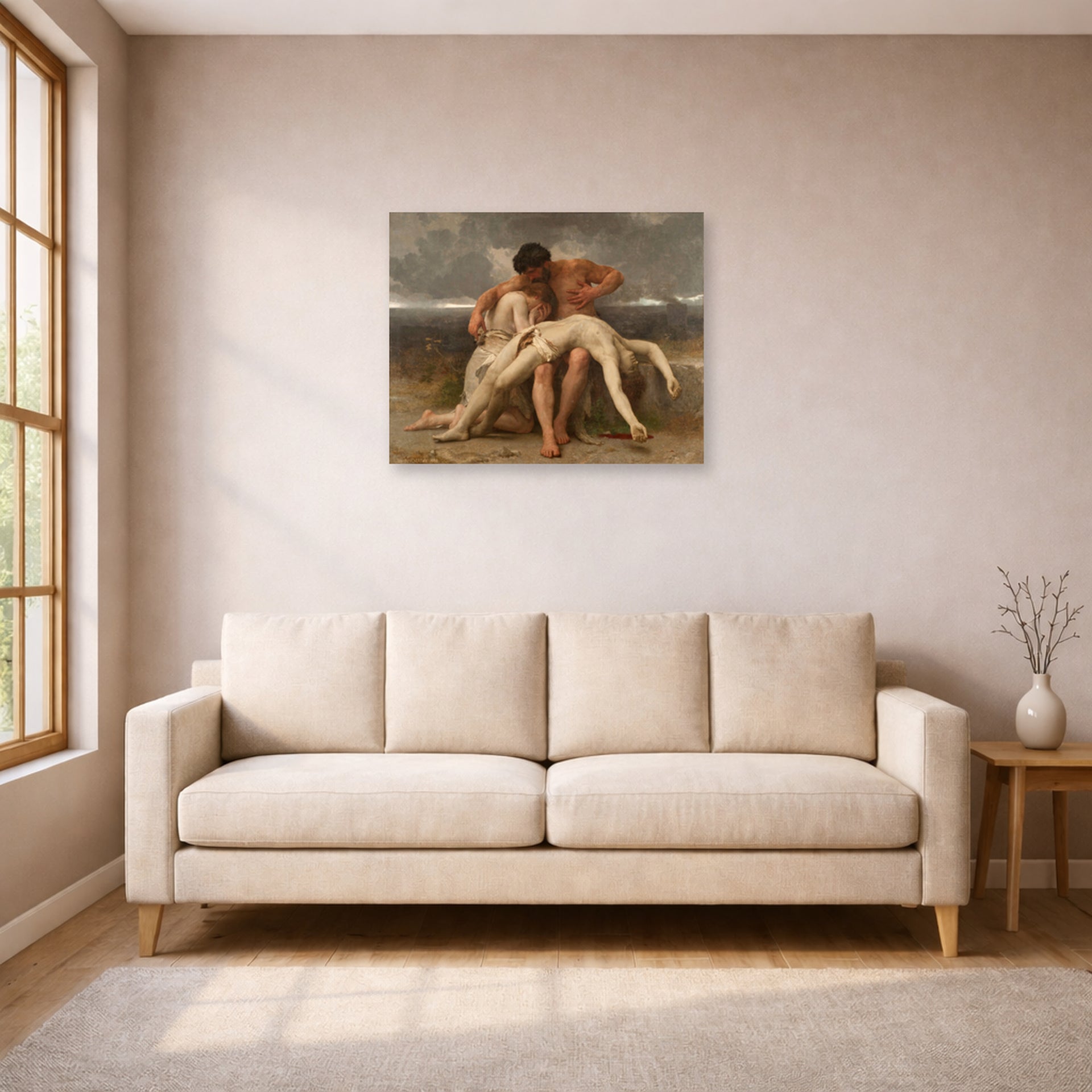 Unframed poster print of William-Adolphe Bouguereau's The First Mourning displayed on a wall in a living room