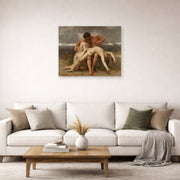 Unframed poster print of William-Adolphe Bouguereau's The First Mourning displayed on a wall in a second living room setting