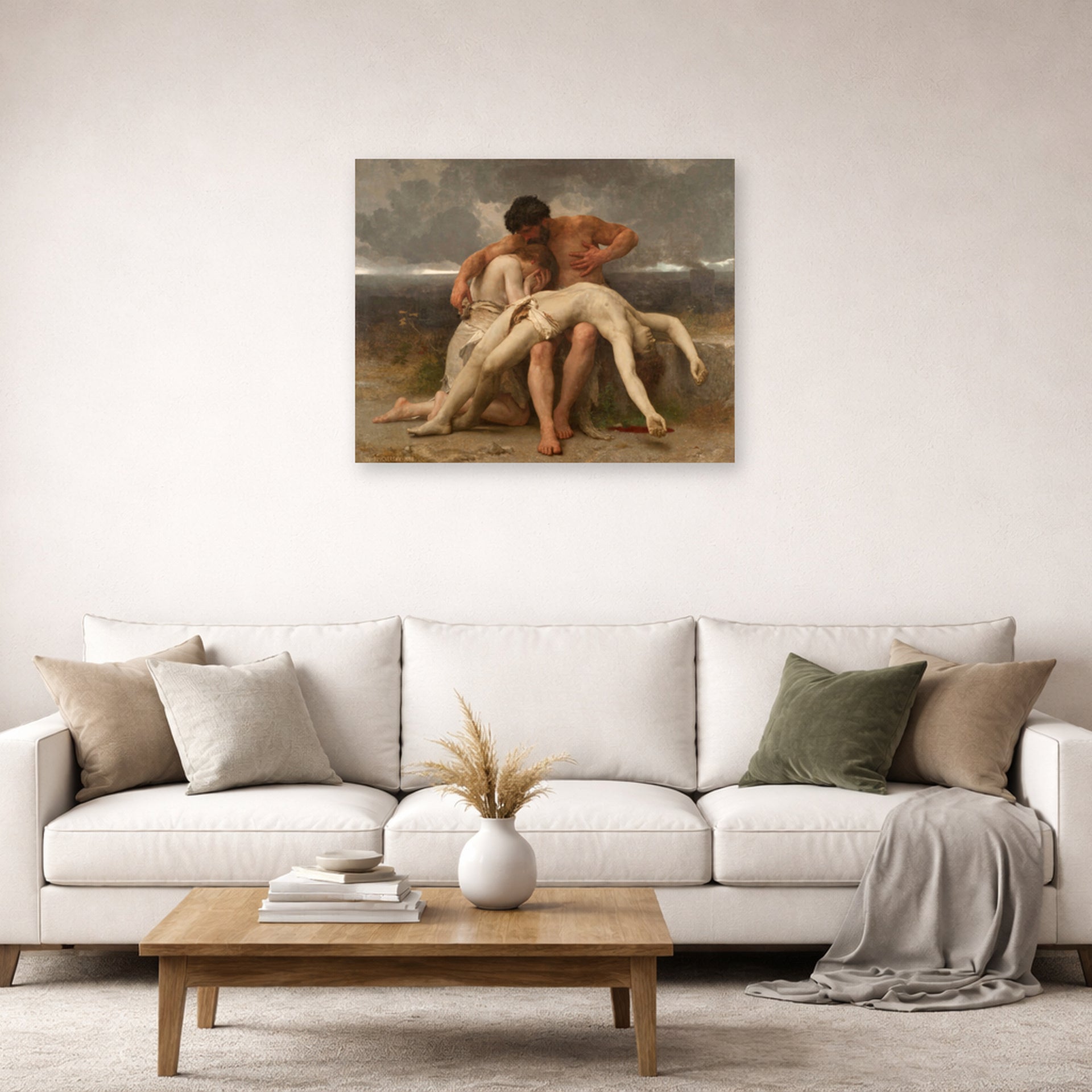 Unframed poster print of William-Adolphe Bouguereau's The First Mourning displayed on a wall in a second living room setting