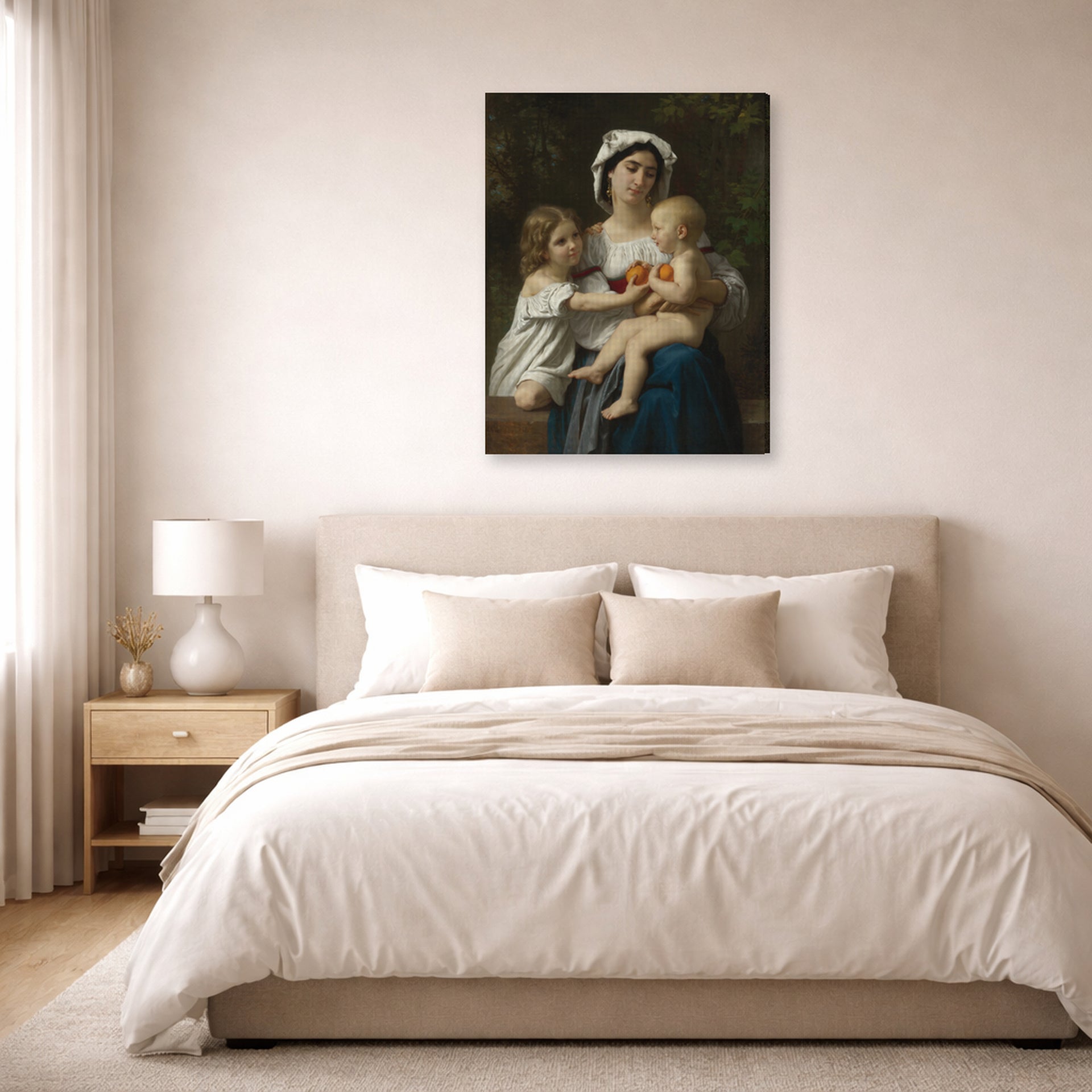 Gallery-wrapped canvas print of William-Adolphe Bouguereau's The Oranges displayed on a wall in a bedroom