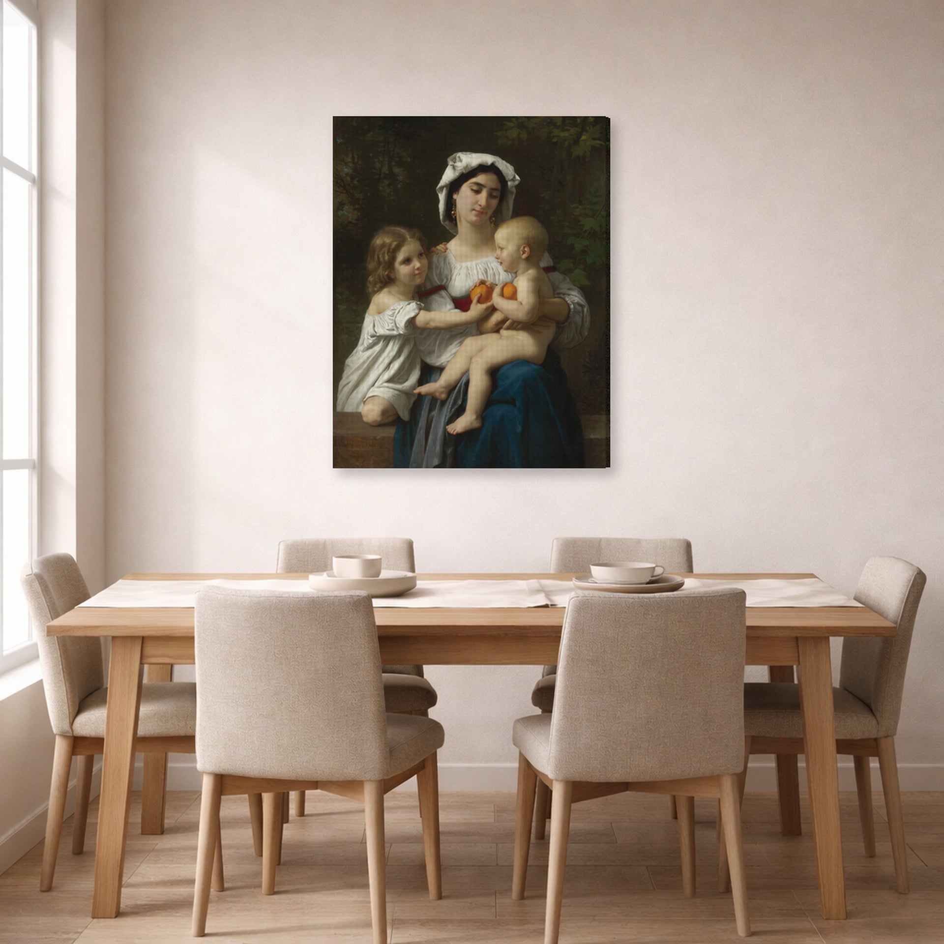 Gallery-wrapped canvas print of William-Adolphe Bouguereau's The Oranges displayed on a wall in a dining room