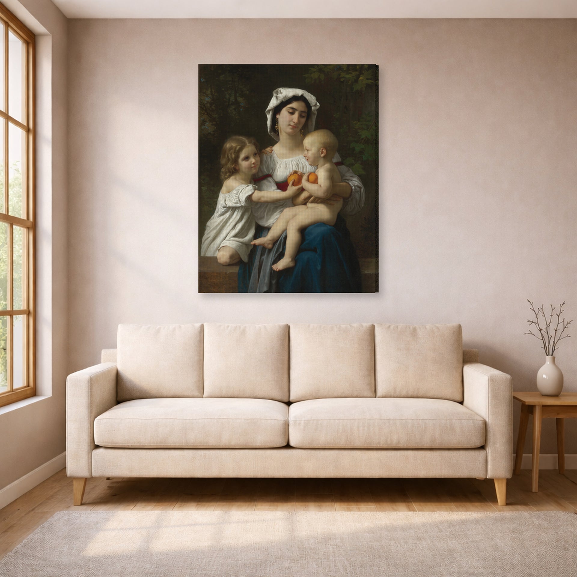 Gallery-wrapped canvas print of William-Adolphe Bouguereau's The Oranges displayed on a wall in a living room