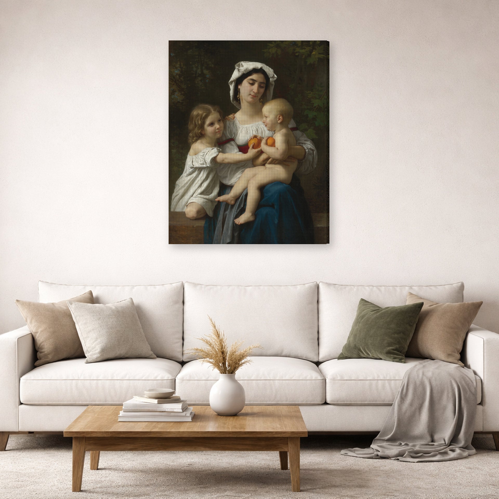Gallery-wrapped canvas print of William-Adolphe Bouguereau's The Oranges displayed on a wall in a second living room setting