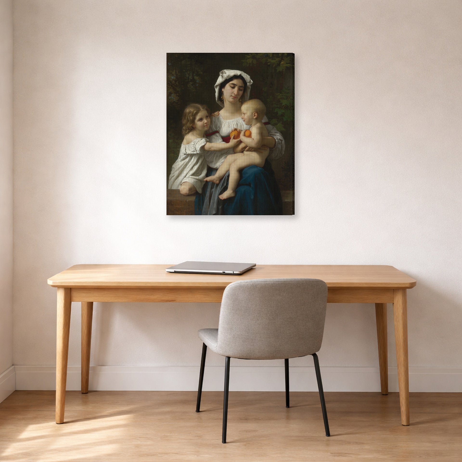 Gallery-wrapped canvas print of William-Adolphe Bouguereau's The Oranges displayed on a wall in a office