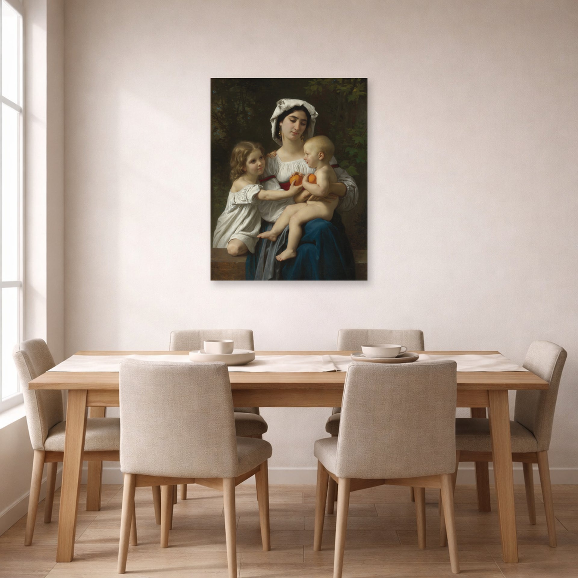 Unframed poster print of William-Adolphe Bouguereau's The Oranges displayed on a wall in a dining room