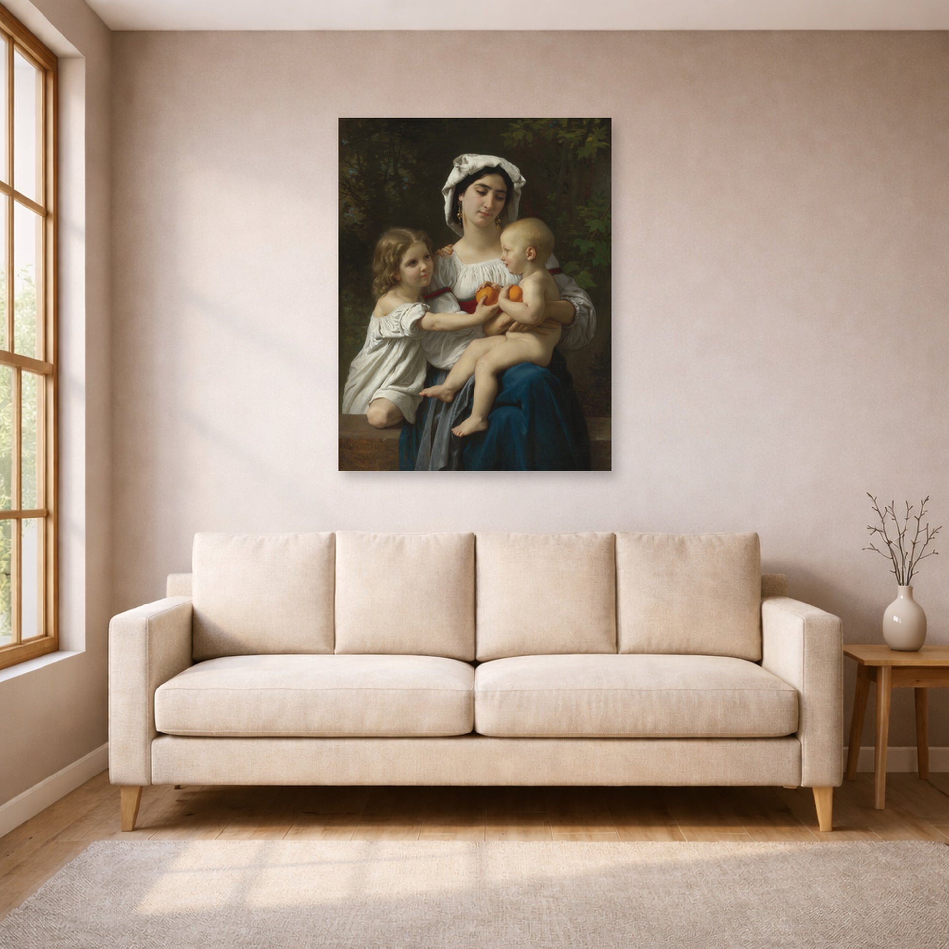Unframed poster print of William-Adolphe Bouguereau's The Oranges displayed on a wall in a living room