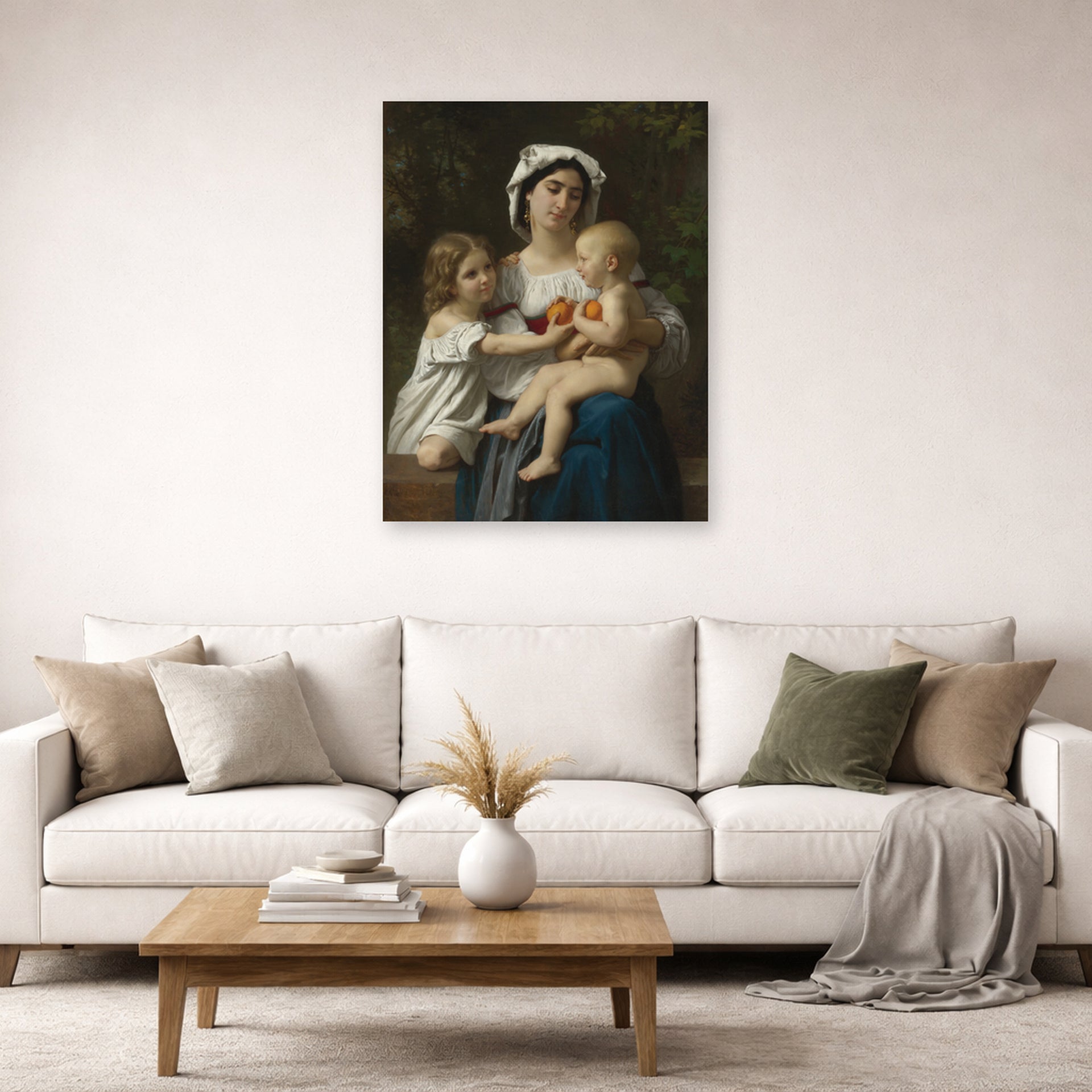 Unframed poster print of William-Adolphe Bouguereau's The Oranges displayed on a wall in a second living room setting