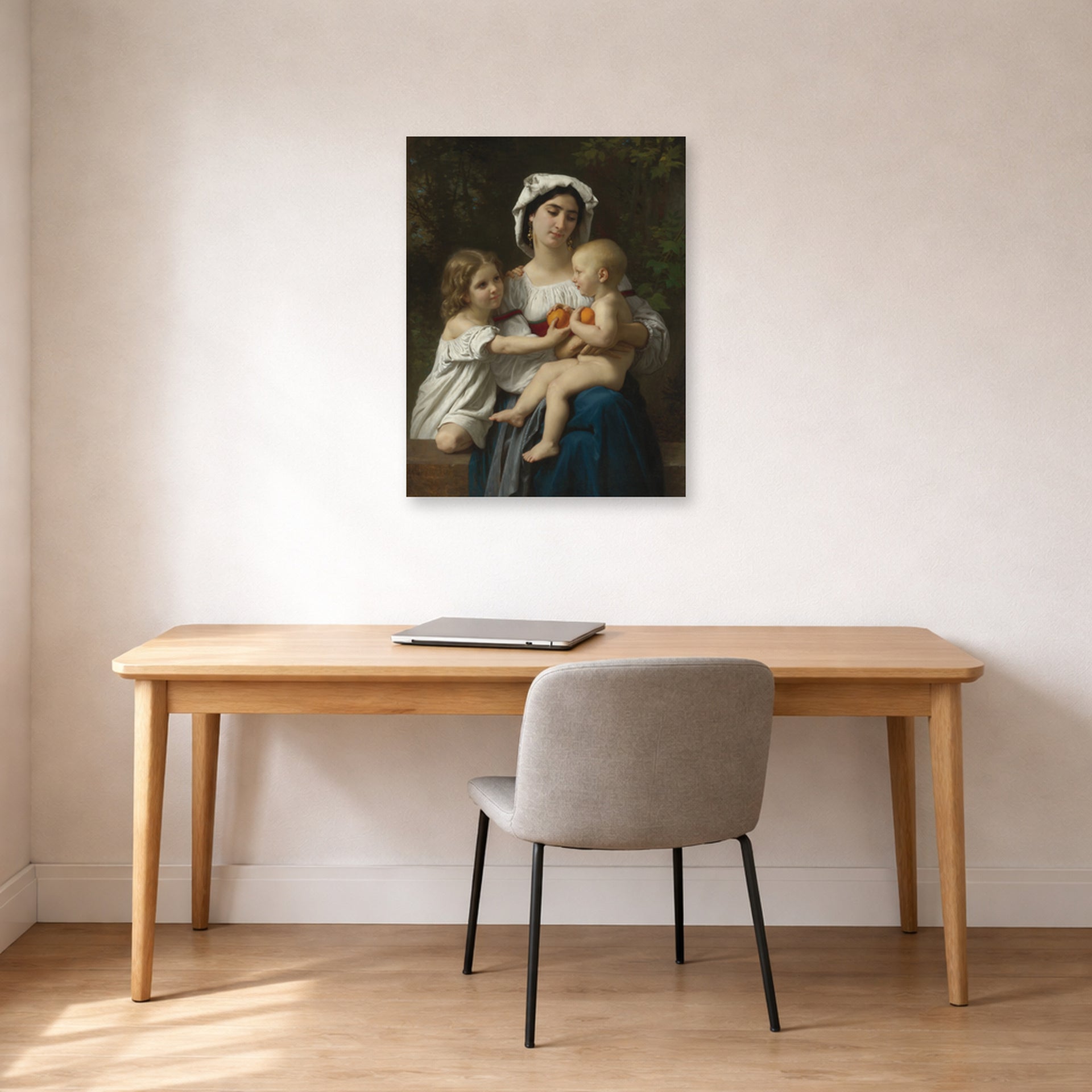 Unframed poster print of William-Adolphe Bouguereau's The Oranges displayed on a wall in a office