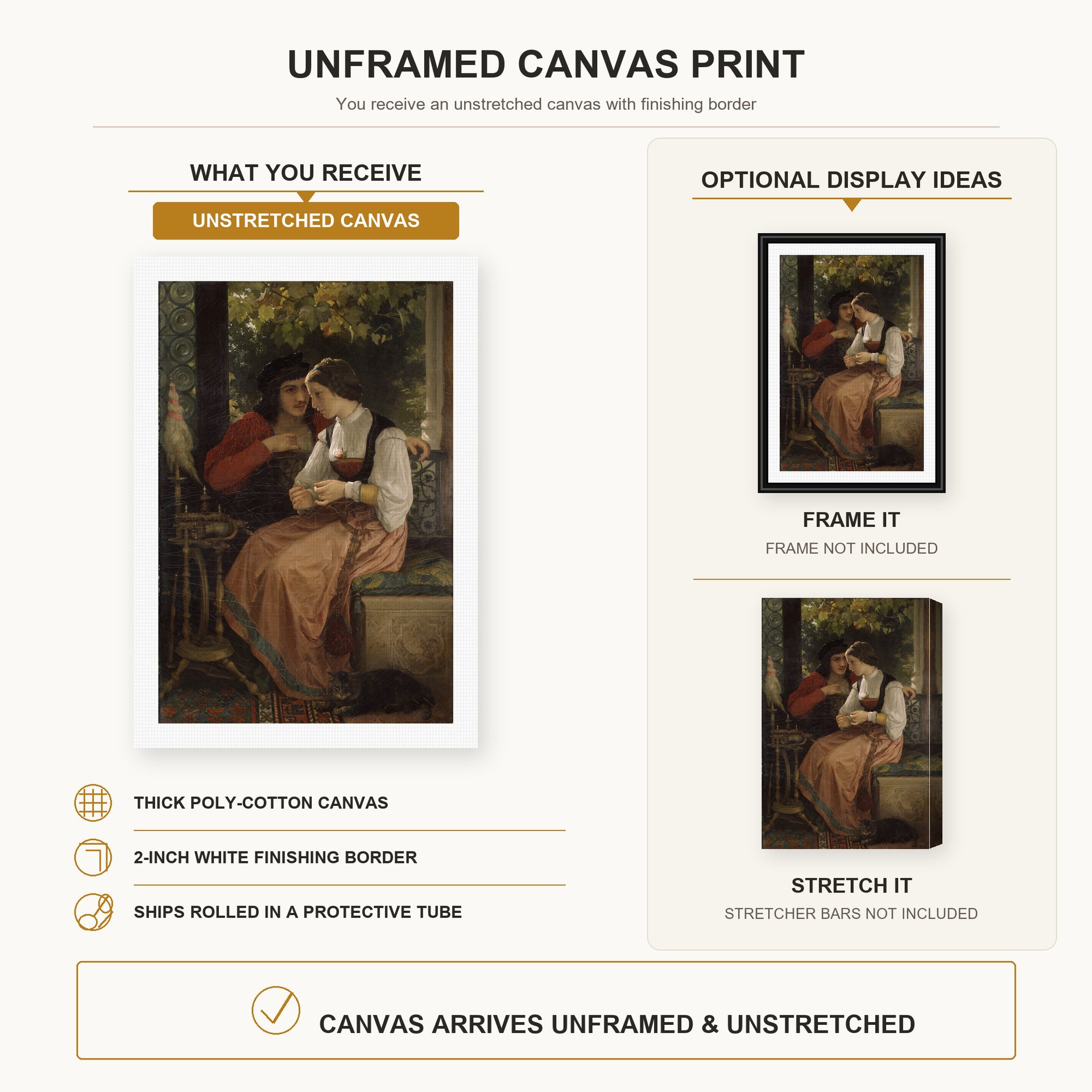William-Adolphe Bouguereau - The Proposal canvas print size comparison and framing display infographic