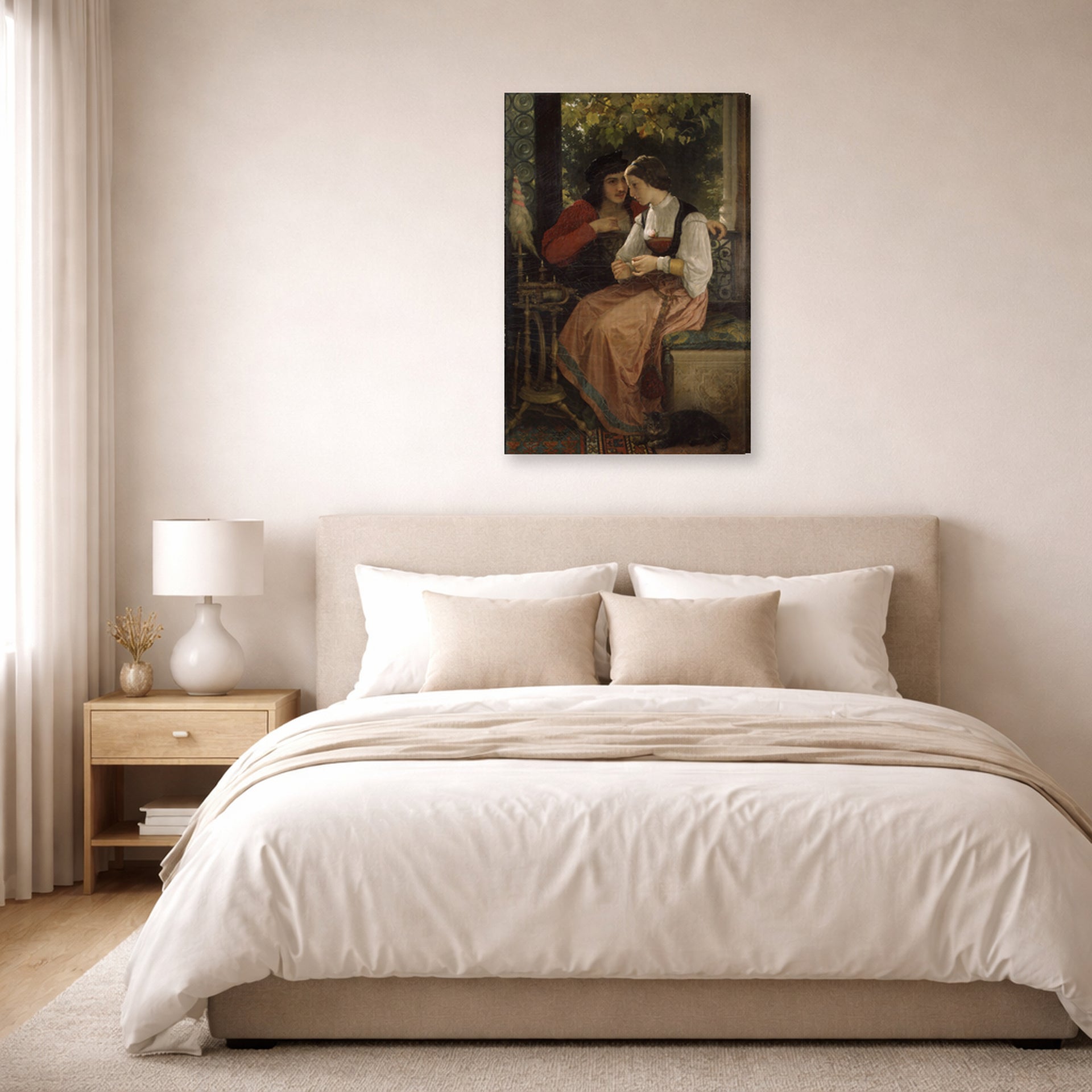 Gallery-wrapped canvas print of William-Adolphe Bouguereau's The Proposal displayed on a wall in a bedroom