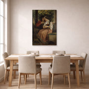Gallery-wrapped canvas print of William-Adolphe Bouguereau's The Proposal displayed on a wall in a dining room
