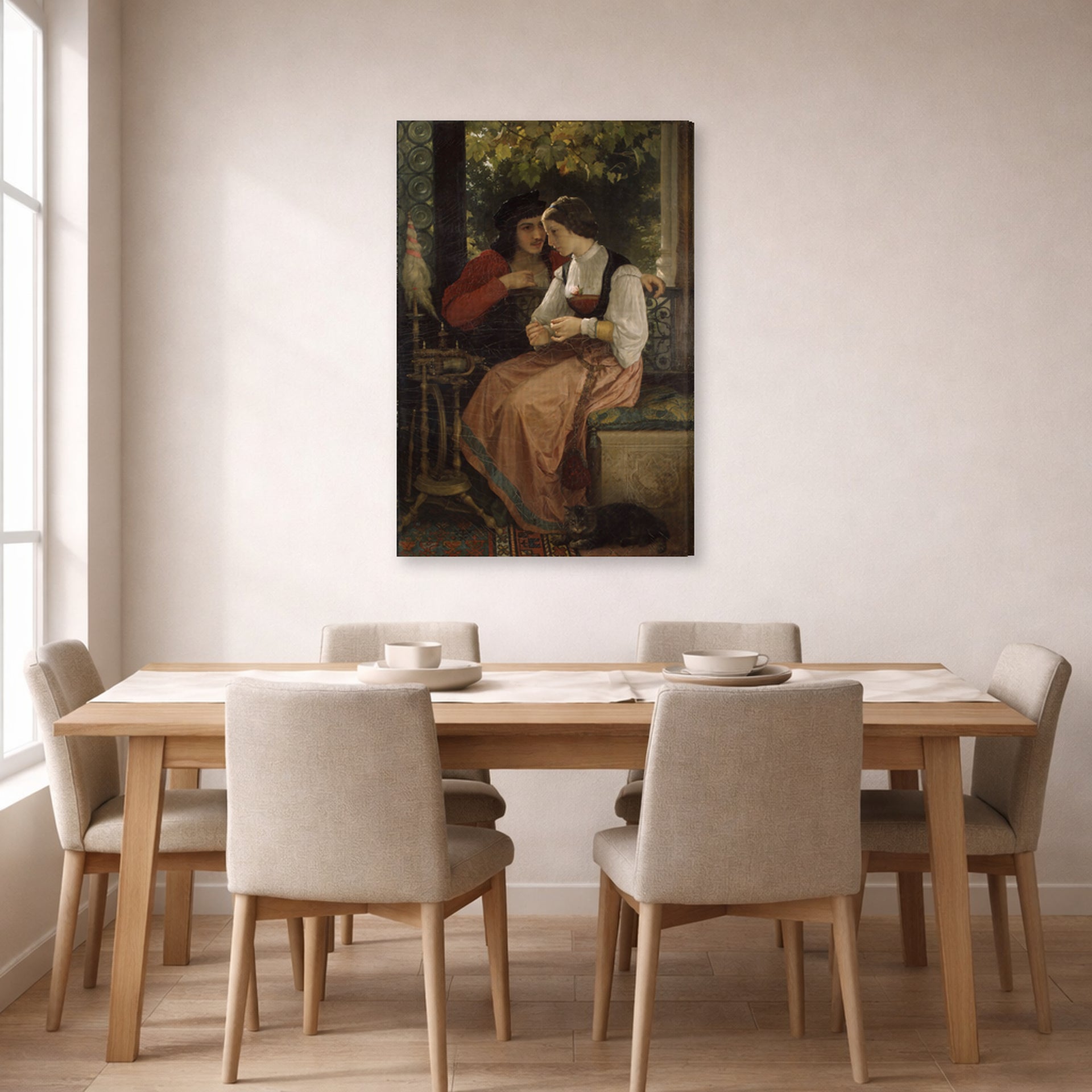 Gallery-wrapped canvas print of William-Adolphe Bouguereau's The Proposal displayed on a wall in a dining room