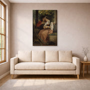 Gallery-wrapped canvas print of William-Adolphe Bouguereau's The Proposal displayed on a wall in a living room