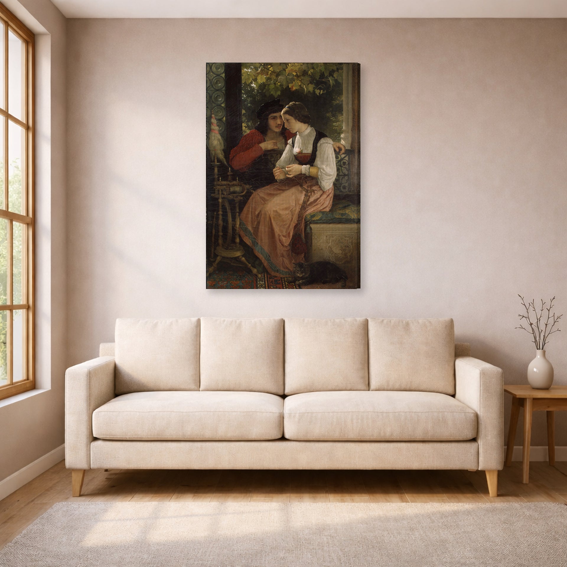 Gallery-wrapped canvas print of William-Adolphe Bouguereau's The Proposal displayed on a wall in a living room