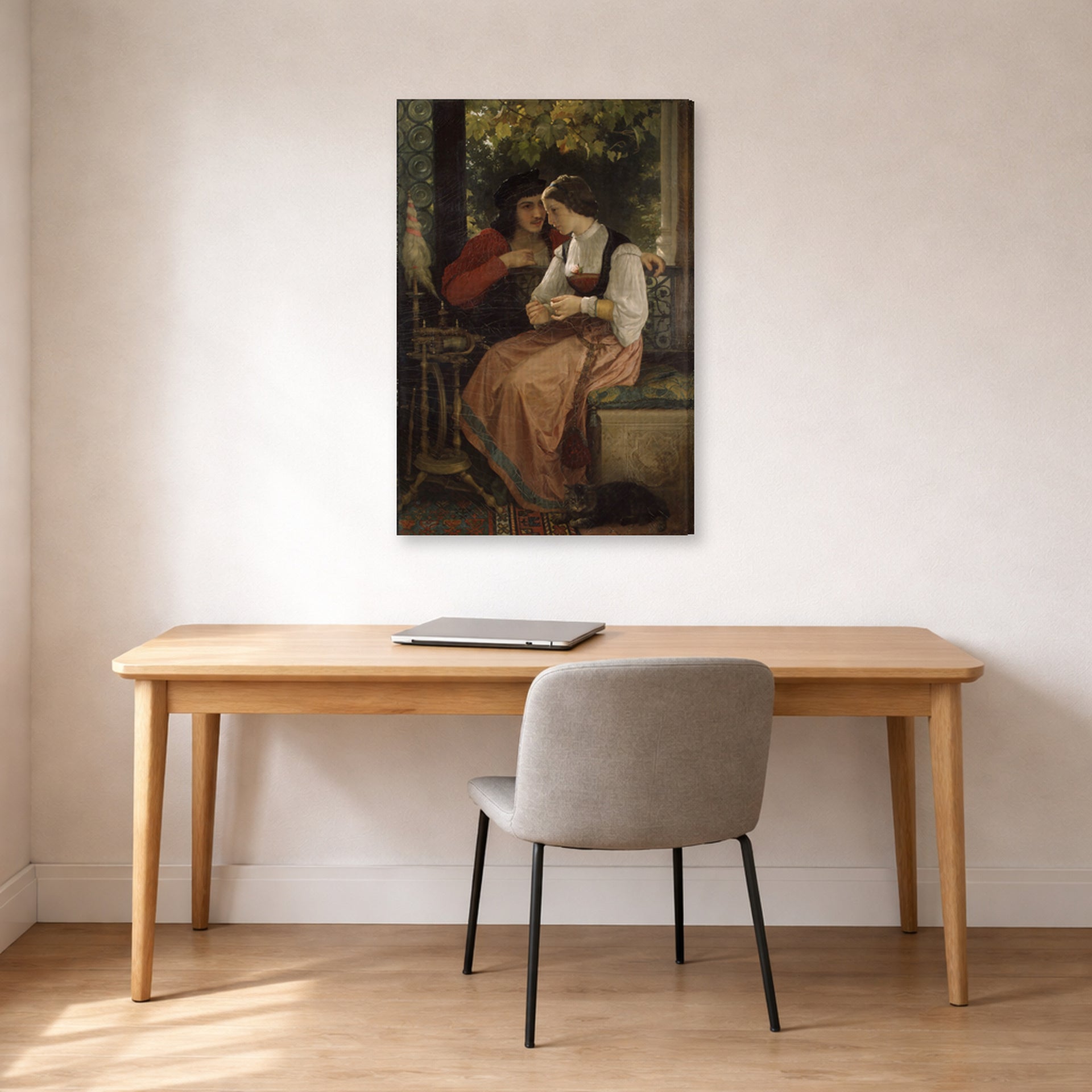 Gallery-wrapped canvas print of William-Adolphe Bouguereau's The Proposal displayed on a wall in a office