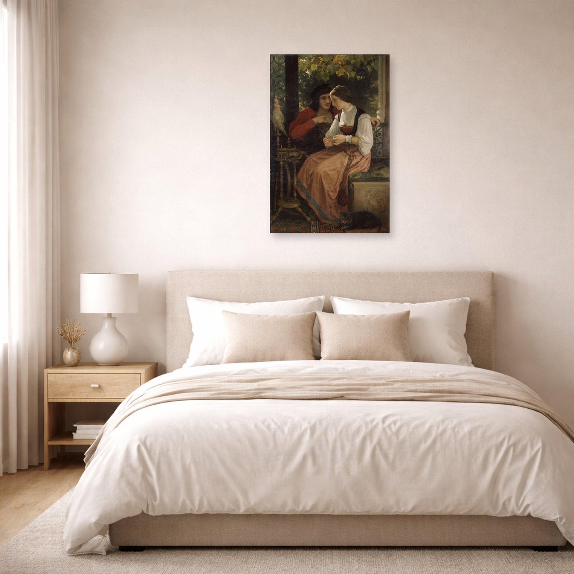 Unframed poster print of William-Adolphe Bouguereau's The Proposal displayed on a wall in a bedroom