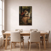 Unframed poster print of William-Adolphe Bouguereau's The Proposal displayed on a wall in a dining room