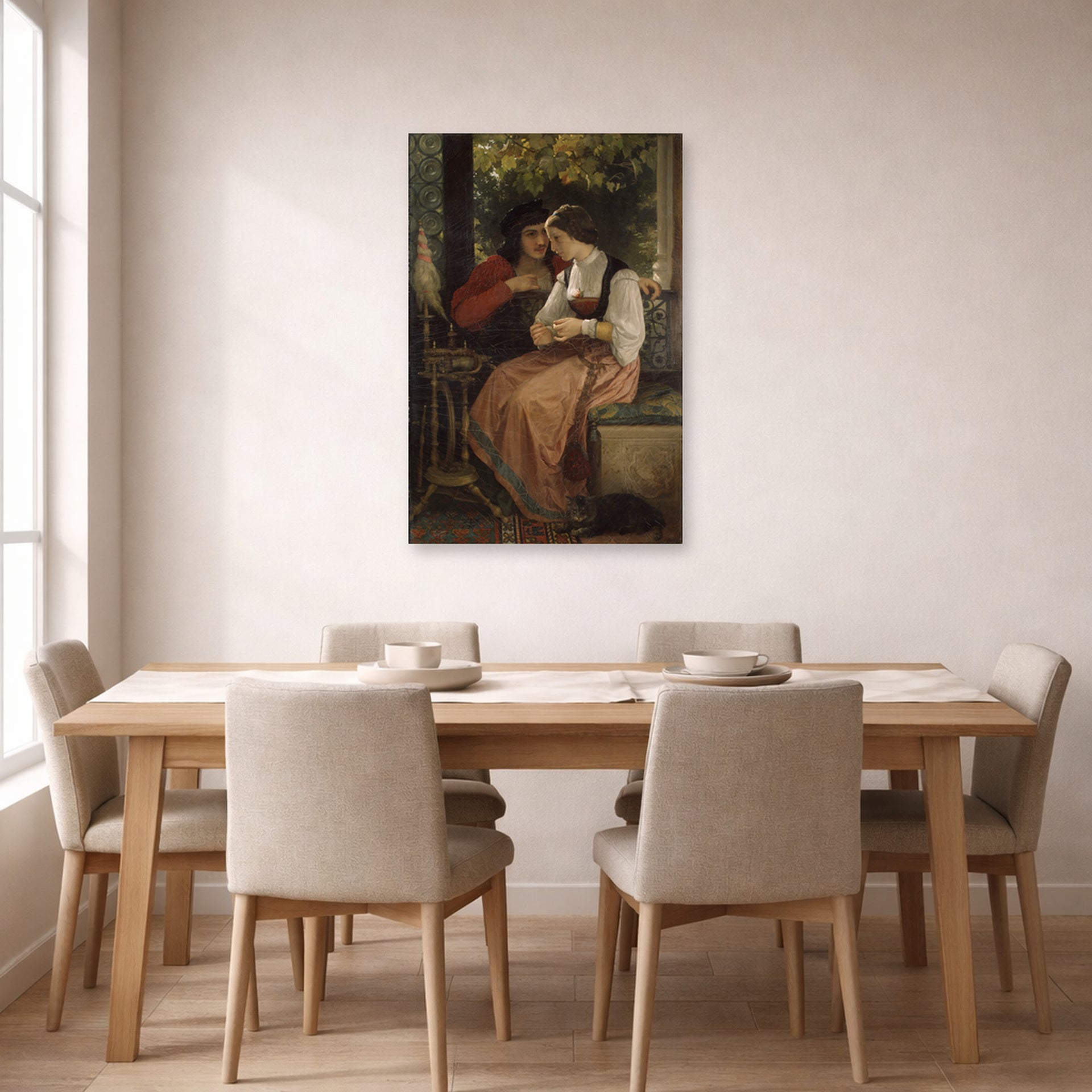 Unframed poster print of William-Adolphe Bouguereau's The Proposal displayed on a wall in a dining room