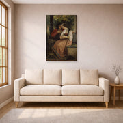 Unframed poster print of William-Adolphe Bouguereau's The Proposal displayed on a wall in a living room