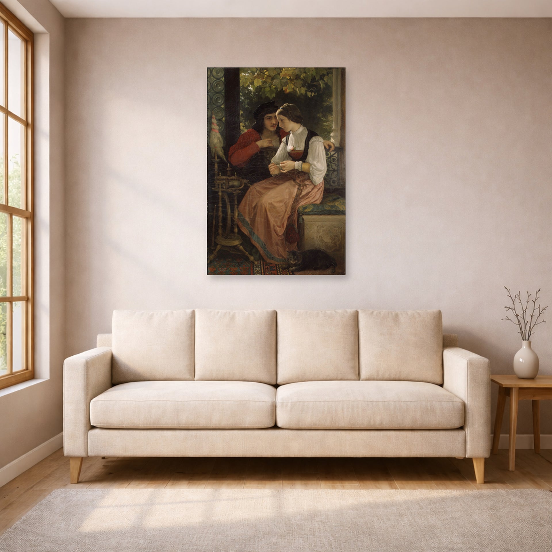 Unframed poster print of William-Adolphe Bouguereau's The Proposal displayed on a wall in a living room