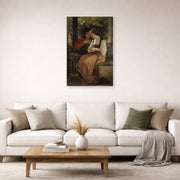 Unframed poster print of William-Adolphe Bouguereau's The Proposal displayed on a wall in a second living room setting
