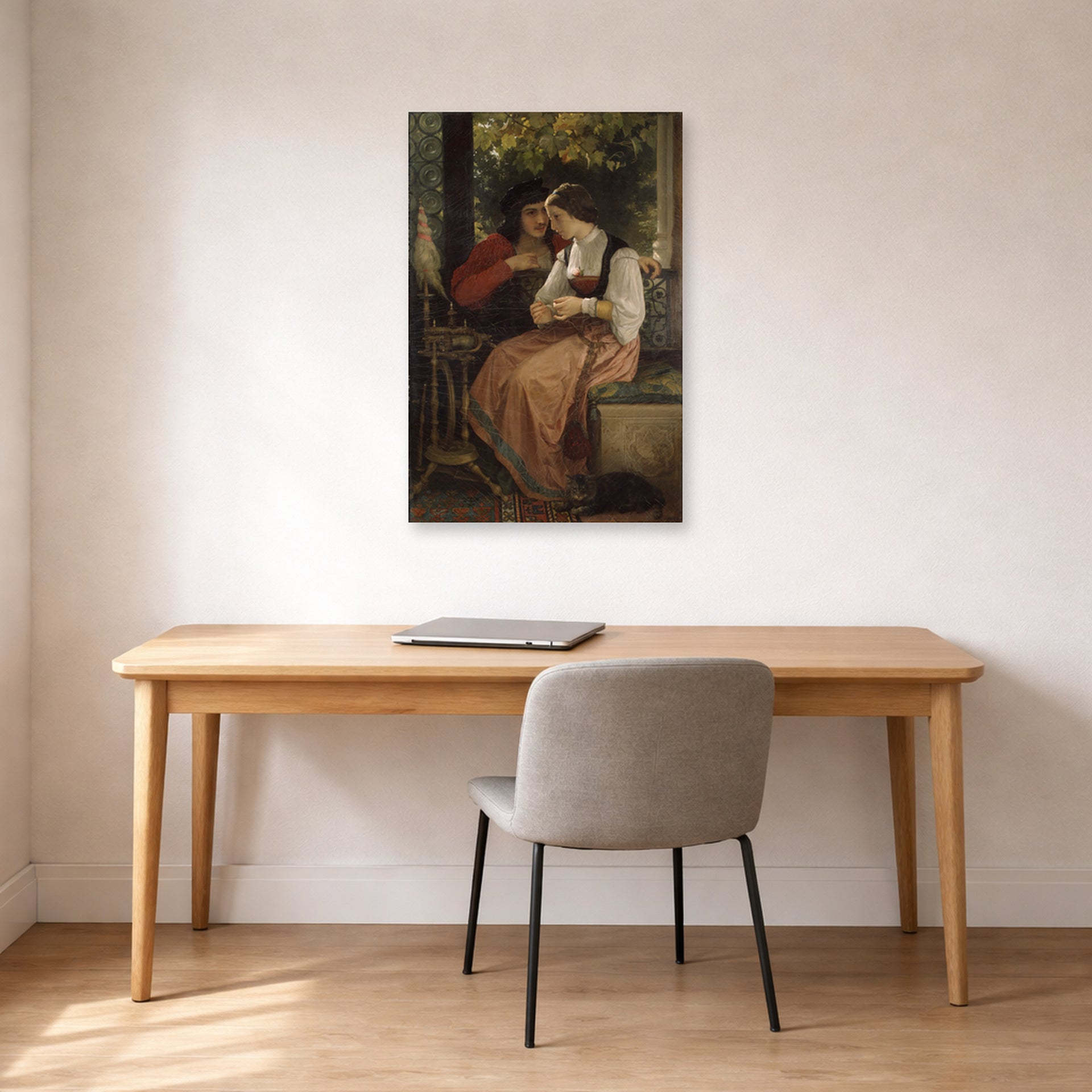 Unframed poster print of William-Adolphe Bouguereau's The Proposal displayed on a wall in a office